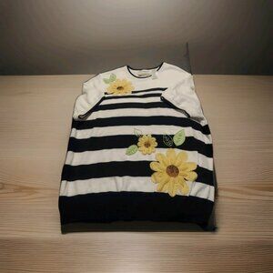 Vintage Alfred Dunner Black& White Stripe Short Sleeve Sweater Beaded Flowers 1X
